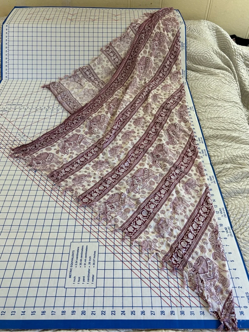 Elephant Print Anthropologie Fringed Wrap Scarf in Cream and Burgundy